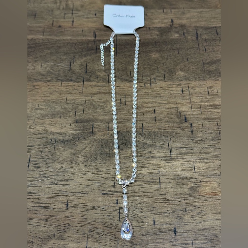 CK5. CALVIN KLEIN Rhinestone Drop Dangle Necklace 18” Chain 3” Extender NEW